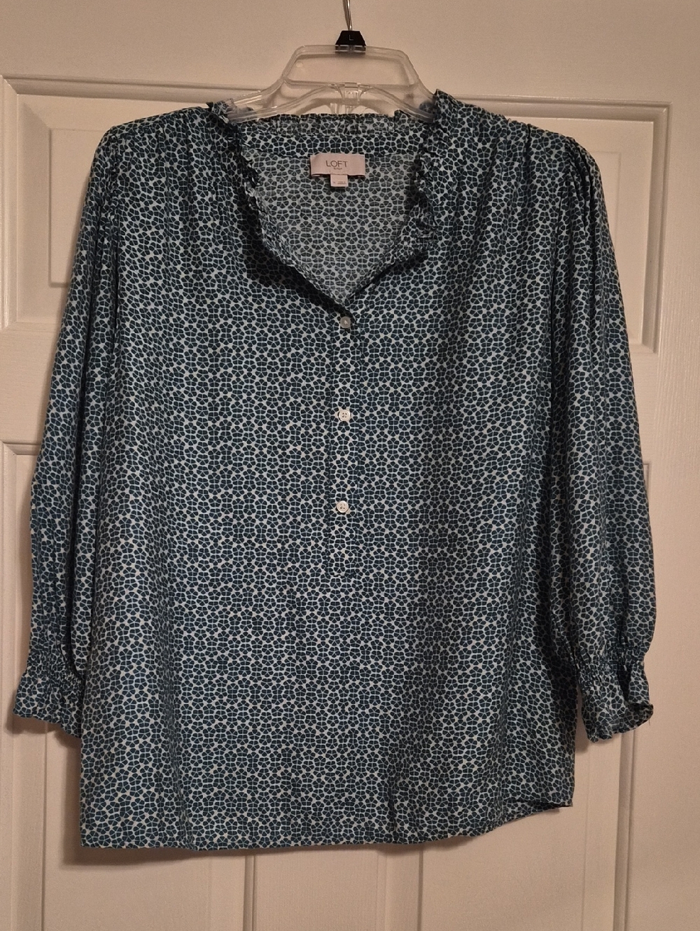 LOFT Green-White Printed Ruffle Henley Blouse